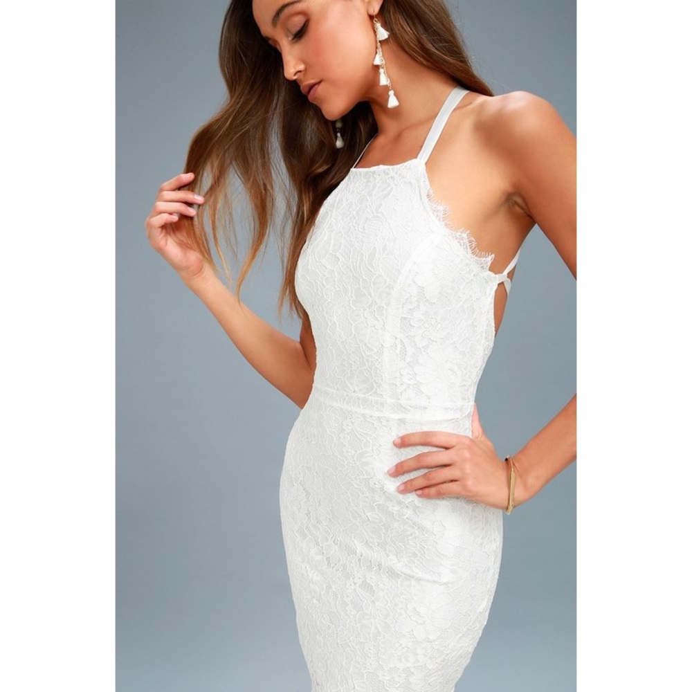 WISHFUL WANDERINGS WHITE LACE BODYCON MIDI DRESS